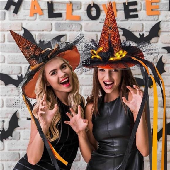 Women's Halloween Witch Hat with LED Lights, Black Yellow - Picture 3 of 7